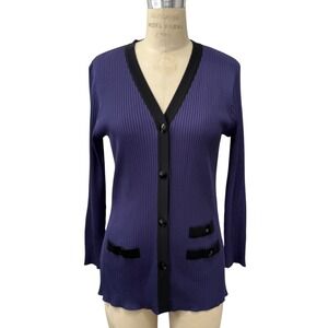 Exclusively Misook Petite Purple Ribbed Cardigan Sweater Black Trim Wrinkle Free